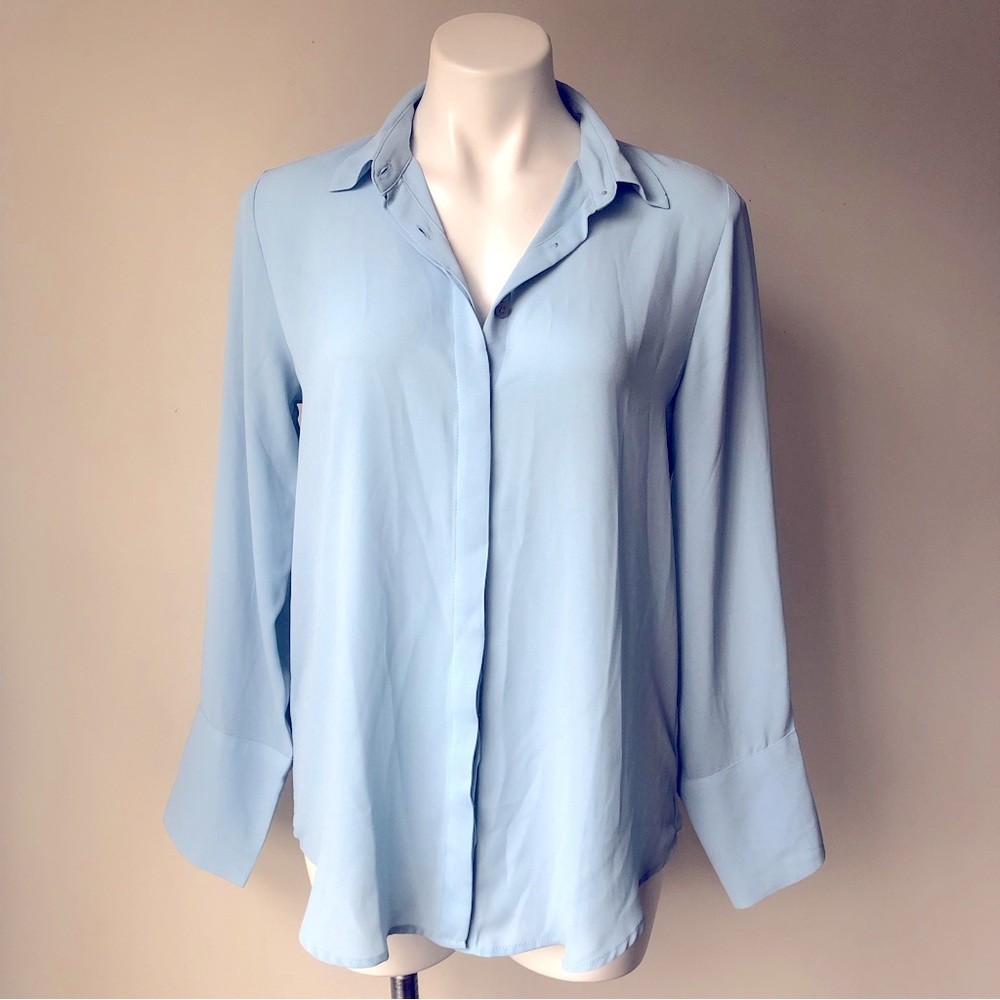 Ann Taylor Factory Hidden Button Front Essential Blouse, Light Blue M